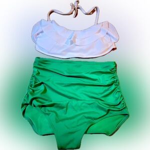Retro High Waisted rushed Swimsuit Bottom with White ruffled Bandeau top. Size M